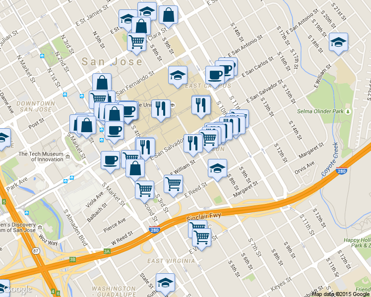 map of restaurants, bars, coffee shops, grocery stores, and more near 463 South 7th Street in San Jose
