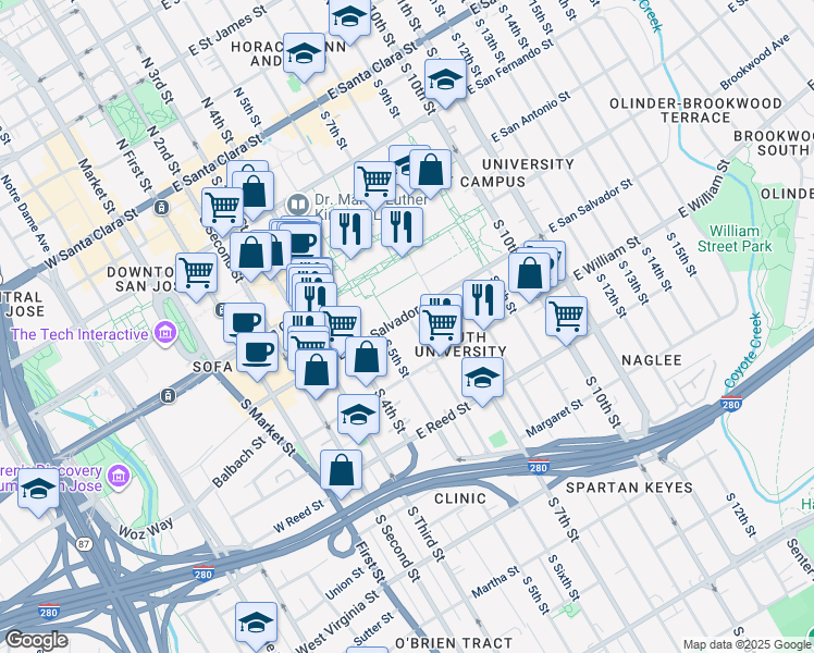 map of restaurants, bars, coffee shops, grocery stores, and more near 230 East San Salvador Street in San Jose