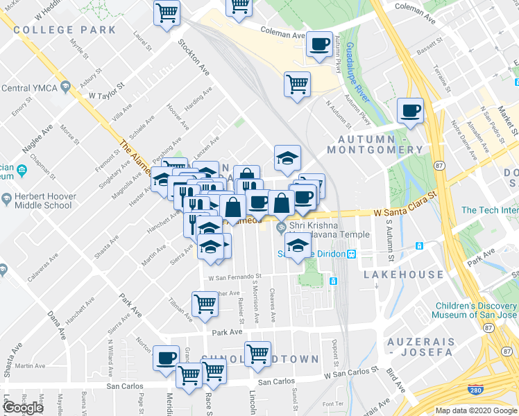 map of restaurants, bars, coffee shops, grocery stores, and more near 106 The Alameda in San Jose