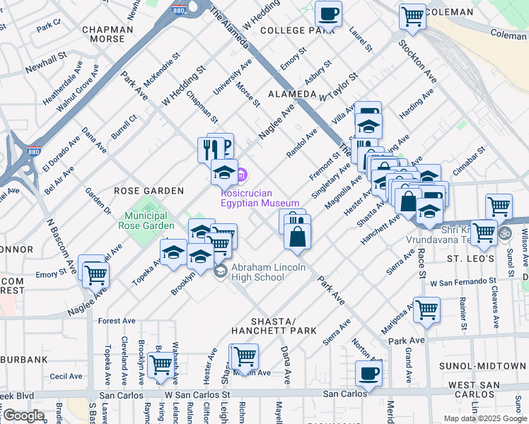 map of restaurants, bars, coffee shops, grocery stores, and more near 1610 Park Avenue in San Jose