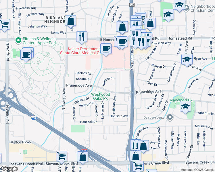 map of restaurants, bars, coffee shops, grocery stores, and more near 3755 Pruneridge Avenue in Santa Clara
