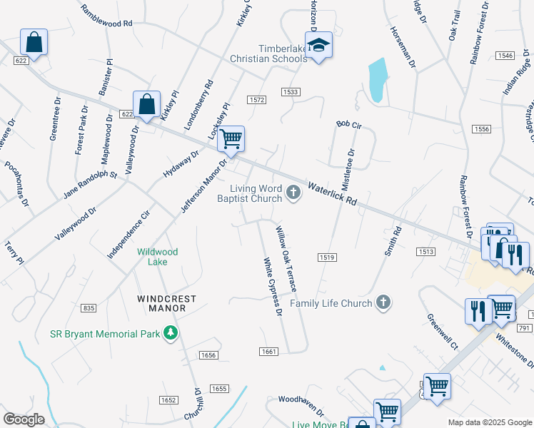 map of restaurants, bars, coffee shops, grocery stores, and more near 108 Willow Oak Terrace in Forest