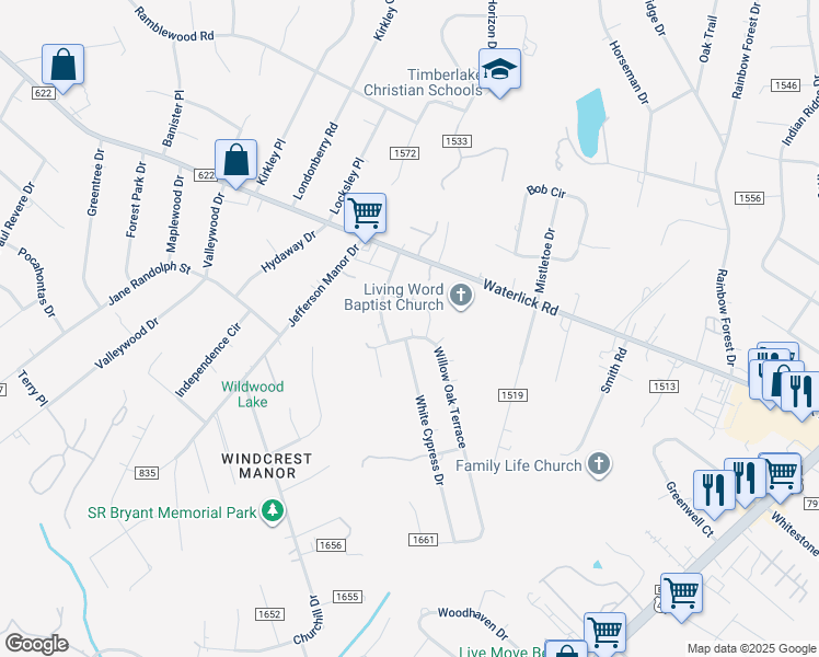 map of restaurants, bars, coffee shops, grocery stores, and more near 108 Willow Oak Terrace in Forest