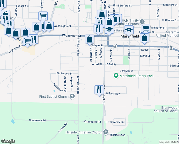 map of restaurants, bars, coffee shops, grocery stores, and more near 406 East McVay Street in Marshfield