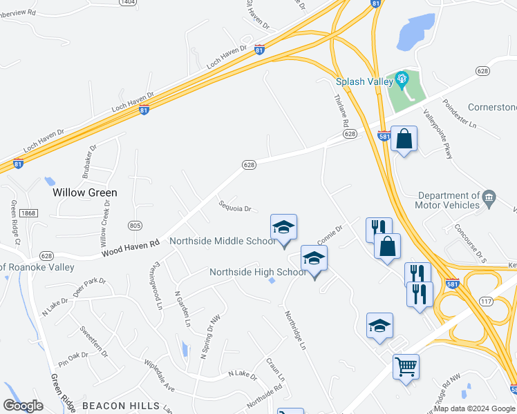 map of restaurants, bars, coffee shops, grocery stores, and more near 7926 Sequoia Dr in Roanoke