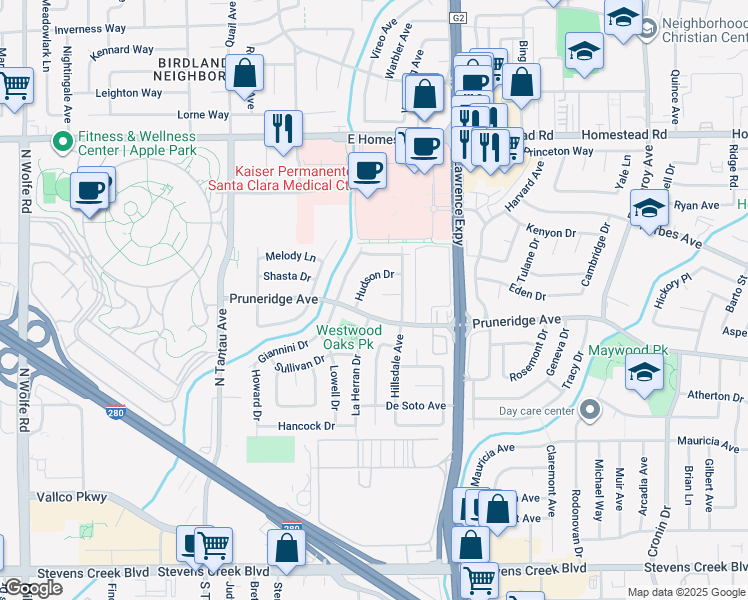 map of restaurants, bars, coffee shops, grocery stores, and more near 3755 Pruneridge Avenue in Santa Clara