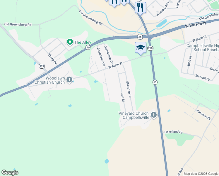 map of restaurants, bars, coffee shops, grocery stores, and more near 100-198 Greenhill Dr in Campbellsville