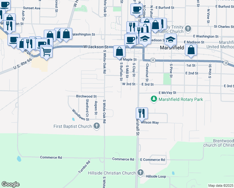 map of restaurants, bars, coffee shops, grocery stores, and more near 406 East McVay Street in Marshfield