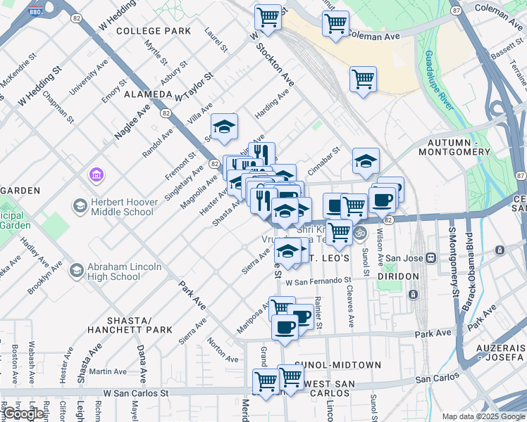 map of restaurants, bars, coffee shops, grocery stores, and more near 1310 The Alameda in San Jose