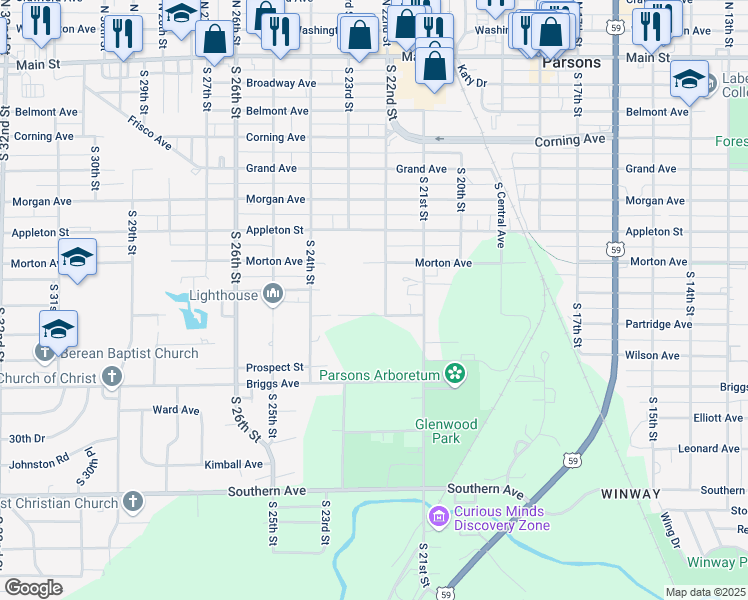 map of restaurants, bars, coffee shops, grocery stores, and more near 2201-2323 Partridge Avenue in Parsons