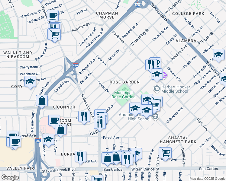 map of restaurants, bars, coffee shops, grocery stores, and more near 1695 Emory Street in San Jose