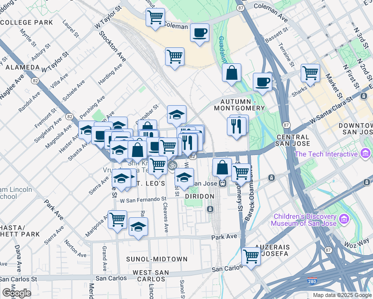map of restaurants, bars, coffee shops, grocery stores, and more near 106 Stockton Avenue in San Jose