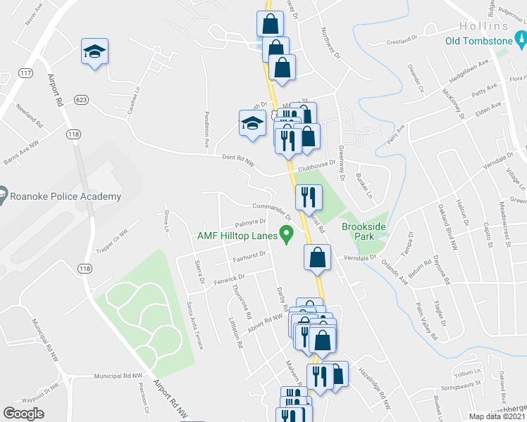 map of restaurants, bars, coffee shops, grocery stores, and more near 702 Commander Drive in Roanoke
