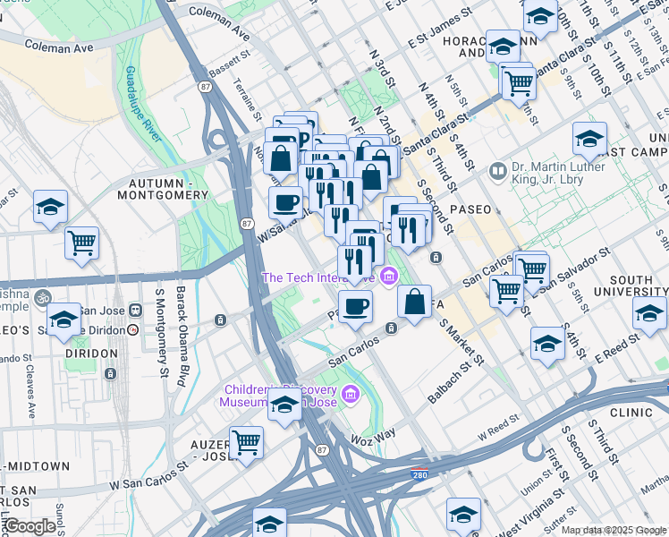 map of restaurants, bars, coffee shops, grocery stores, and more near 134 Almaden Boulevard in San Jose
