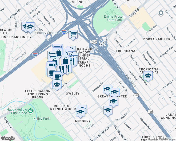 map of restaurants, bars, coffee shops, grocery stores, and more near 1113 Panoche Court in San Jose