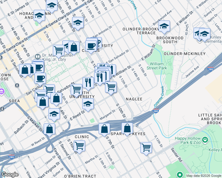 map of restaurants, bars, coffee shops, grocery stores, and more near 585 South 10th Street in San Jose