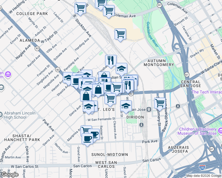 map of restaurants, bars, coffee shops, grocery stores, and more near 106 The Alameda in San Jose