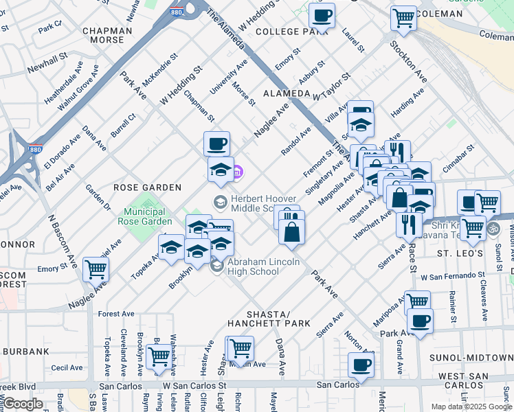 map of restaurants, bars, coffee shops, grocery stores, and more near 1610 Park Avenue in San Jose