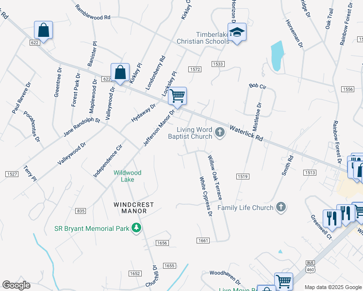 map of restaurants, bars, coffee shops, grocery stores, and more near 15 County Road 1660 in Forest