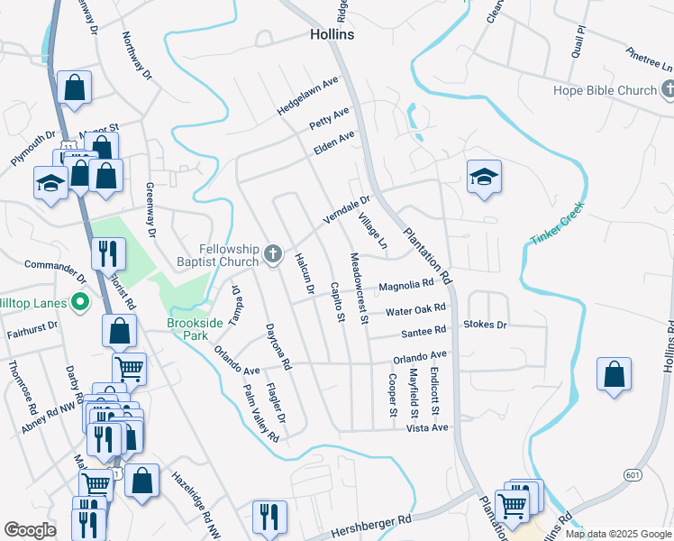 map of restaurants, bars, coffee shops, grocery stores, and more near 5623 Capito Street in Hollins