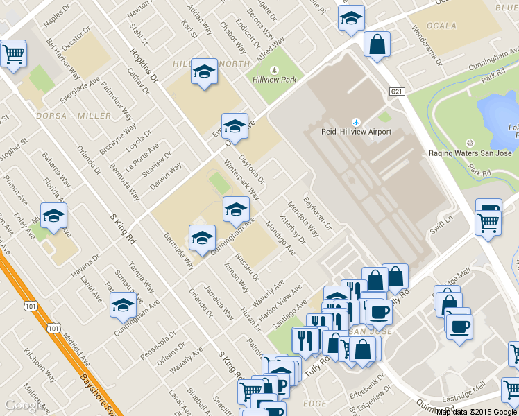 map of restaurants, bars, coffee shops, grocery stores, and more near 1997 Winterpark Way in San Jose
