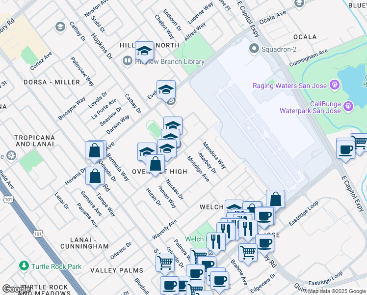 map of restaurants, bars, coffee shops, grocery stores, and more near 1997 Winterpark Way in San Jose