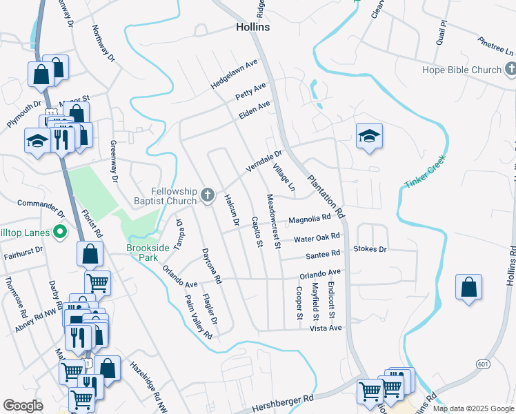 map of restaurants, bars, coffee shops, grocery stores, and more near 5623 Capito Street in Hollins