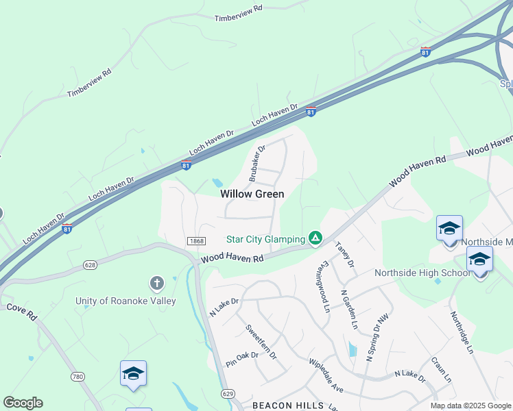 map of restaurants, bars, coffee shops, grocery stores, and more near 8531 Bullington Circle in Roanoke