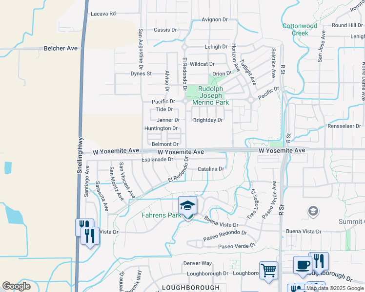 map of restaurants, bars, coffee shops, grocery stores, and more near 1304 Belmont Drive in Merced