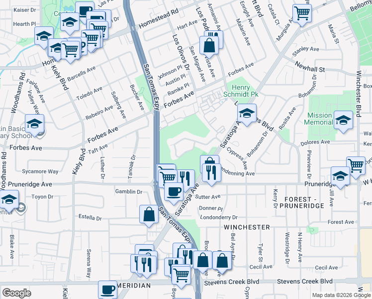map of restaurants, bars, coffee shops, grocery stores, and more near 2492 Golf Links Circle in Santa Clara