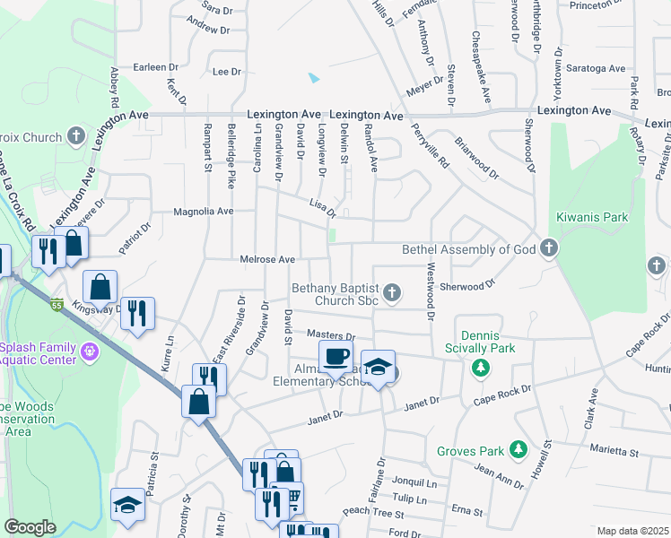 map of restaurants, bars, coffee shops, grocery stores, and more near 1816 Delwin Street in Cape Girardeau