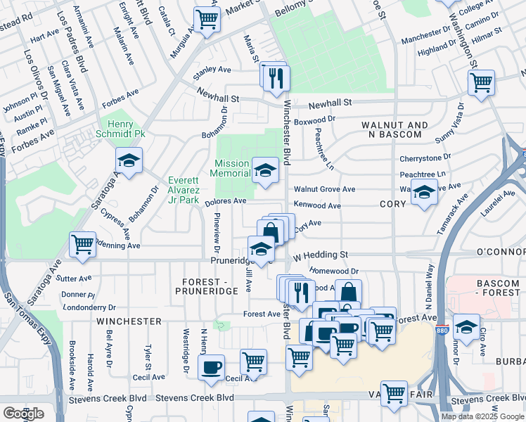 map of restaurants, bars, coffee shops, grocery stores, and more near 390 North Winchester Boulevard in Santa Clara