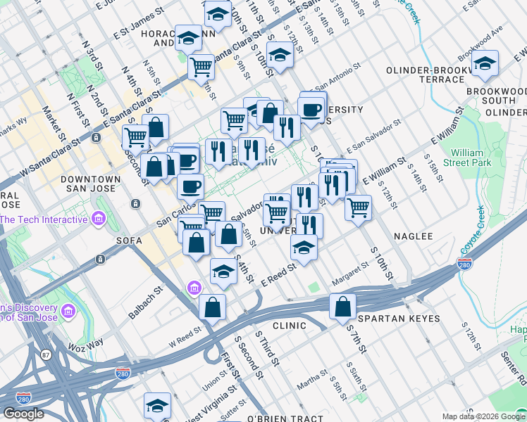 map of restaurants, bars, coffee shops, grocery stores, and more near 416 South Sixth Street in San Jose