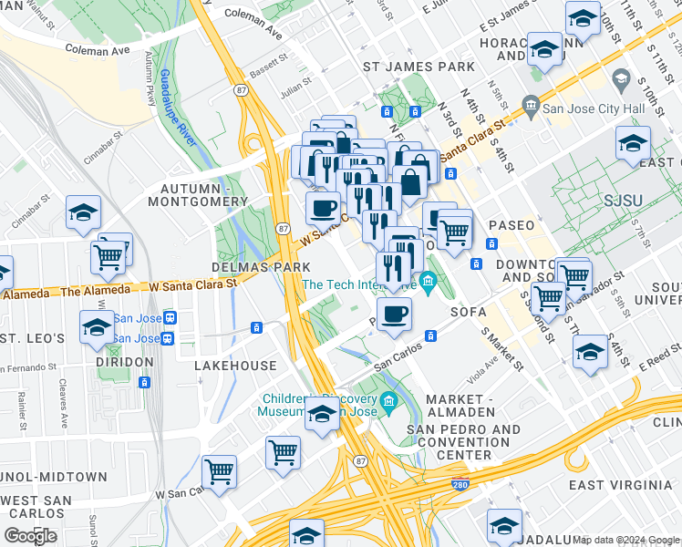 map of restaurants, bars, coffee shops, grocery stores, and more near 99 Almaden Boulevard in San Jose