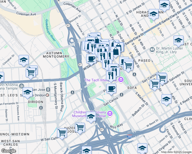 map of restaurants, bars, coffee shops, grocery stores, and more near 285 West San Fernando Street in San Jose