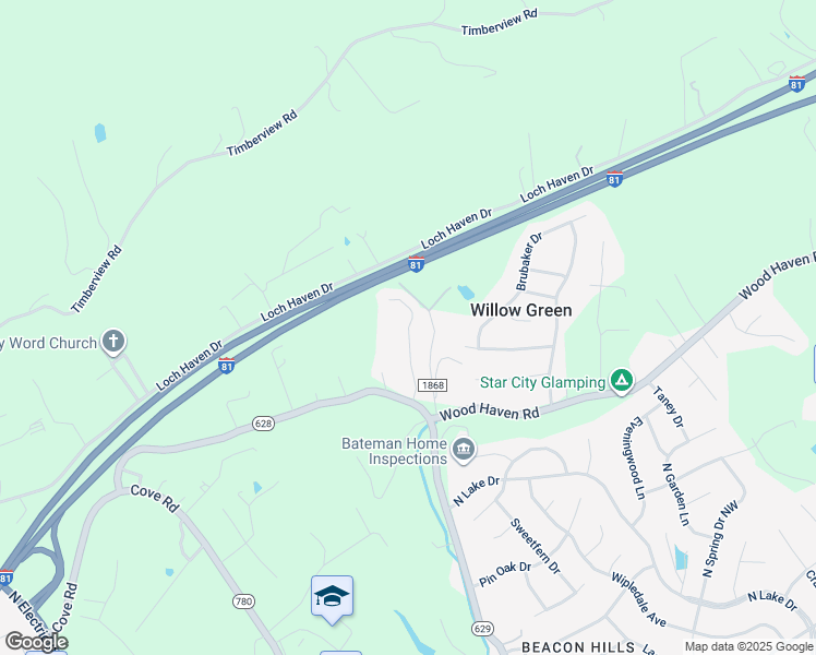 map of restaurants, bars, coffee shops, grocery stores, and more near 3408 Green Ridge Court in Roanoke