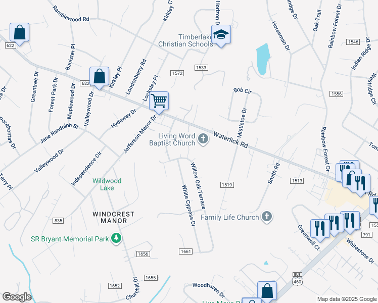 map of restaurants, bars, coffee shops, grocery stores, and more near 55 Cedar Haven Court in Forest