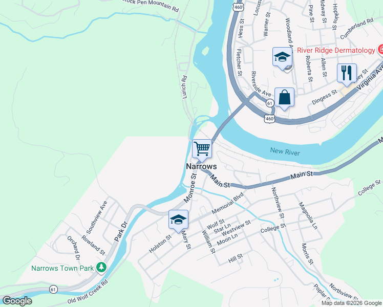 map of restaurants, bars, coffee shops, grocery stores, and more near 100-198 Main Street in Narrows