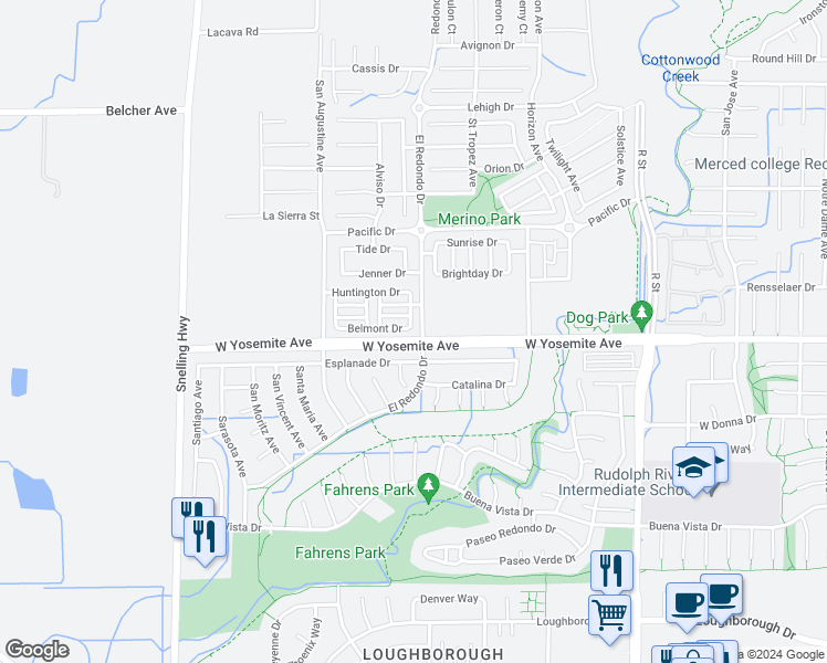 map of restaurants, bars, coffee shops, grocery stores, and more near 1304 Belmont Drive in Merced