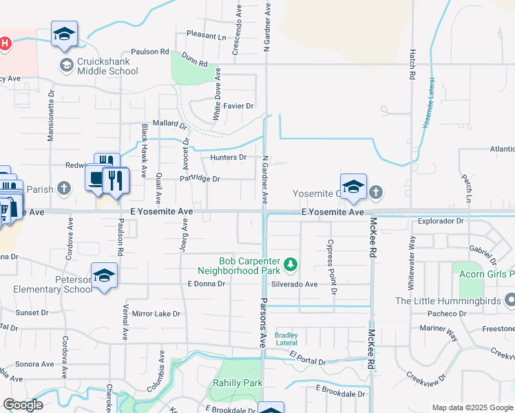 map of restaurants, bars, coffee shops, grocery stores, and more near 3602 Swan Court in Merced