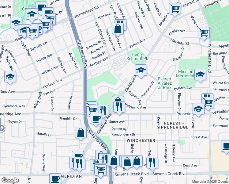 map of restaurants, bars, coffee shops, grocery stores, and more near 2410 Golf Links Circle in Santa Clara