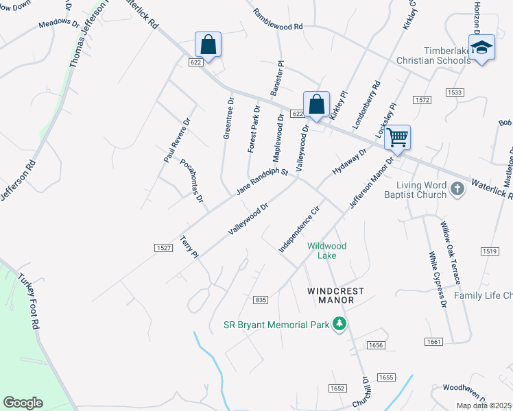 map of restaurants, bars, coffee shops, grocery stores, and more near 113 Valleywood Drive in Forest