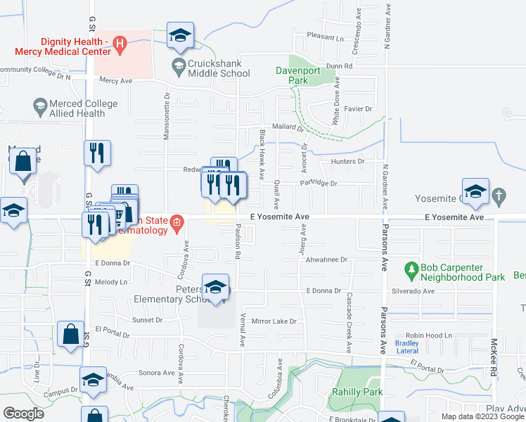 map of restaurants, bars, coffee shops, grocery stores, and more near 1050 Oriole Court in Merced