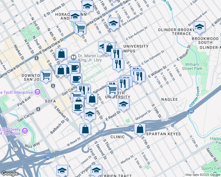 map of restaurants, bars, coffee shops, grocery stores, and more near 463 South 7th Street in San Jose