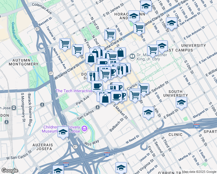 map of restaurants, bars, coffee shops, grocery stores, and more near 200 South Market Street in San Jose