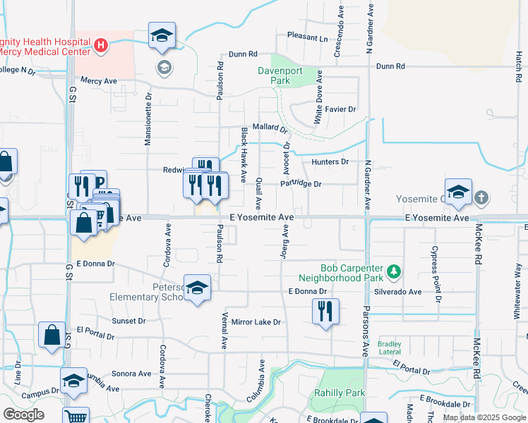map of restaurants, bars, coffee shops, grocery stores, and more near 3612 Quail Avenue in Merced