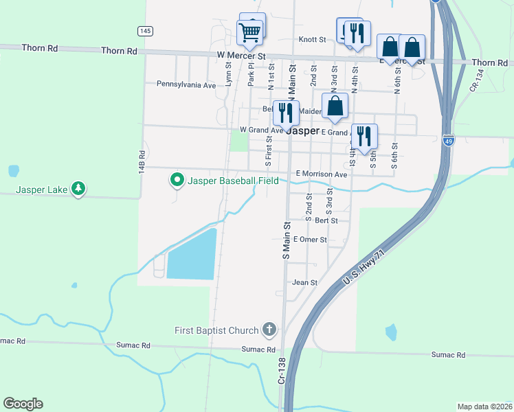 map of restaurants, bars, coffee shops, grocery stores, and more near 417 S Main St in Jasper