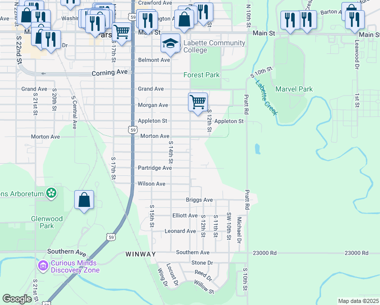map of restaurants, bars, coffee shops, grocery stores, and more near 919-949 South 13th Street in Parsons