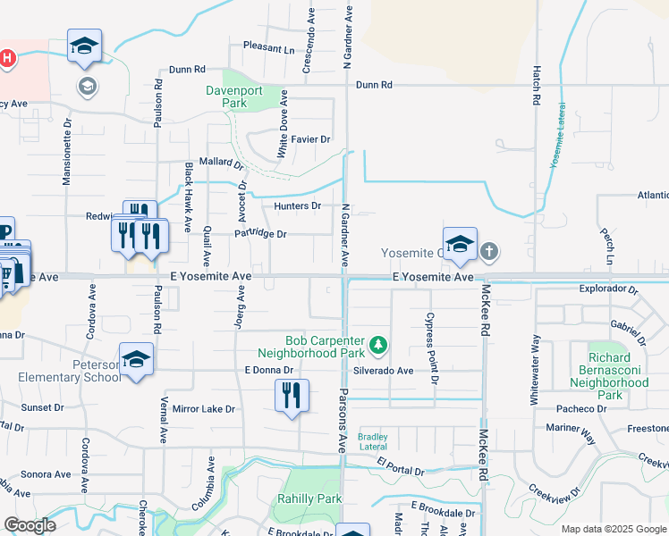 map of restaurants, bars, coffee shops, grocery stores, and more near 3602 Swan Court in Merced