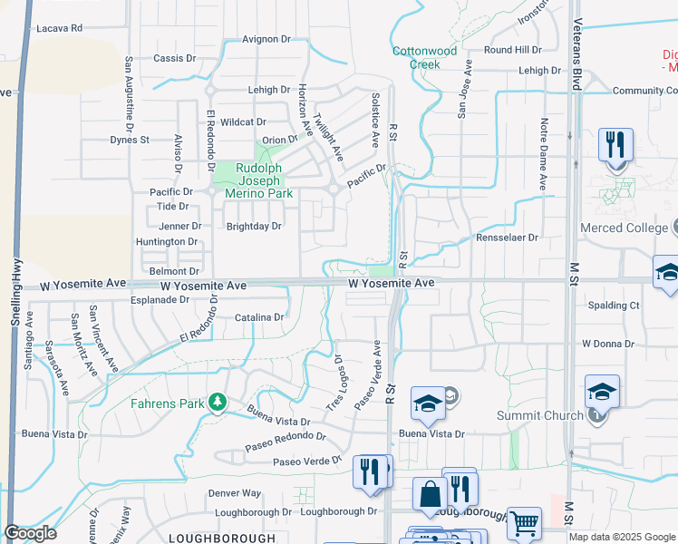 map of restaurants, bars, coffee shops, grocery stores, and more near 1175 East Yosemite Avenue in Merced